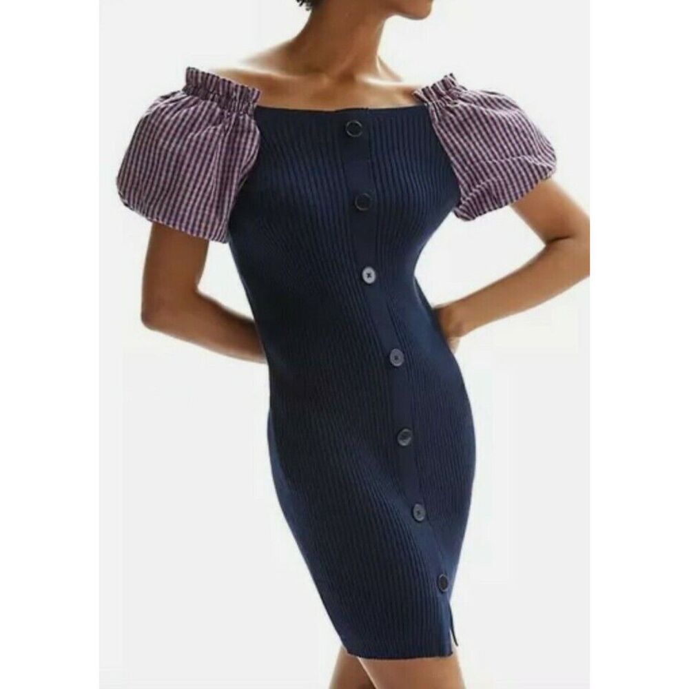 Navy Blue Anthropologie Maeve Gingham Puff Sleeve Button Trim Ribbed Dress (NWT)